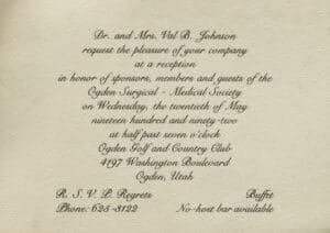 A wedding invitation with the words " dr. And mrs. Vel b. Johnson " written in black ink on it's front side of the