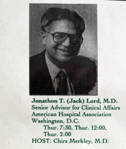A picture of dr. Lord is on the cover of an ad for the american hospital association.