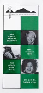 A green and white poster with photos of people.