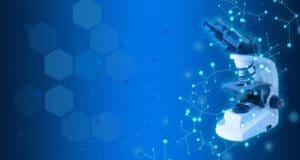 A blue background with hexagons and dots.